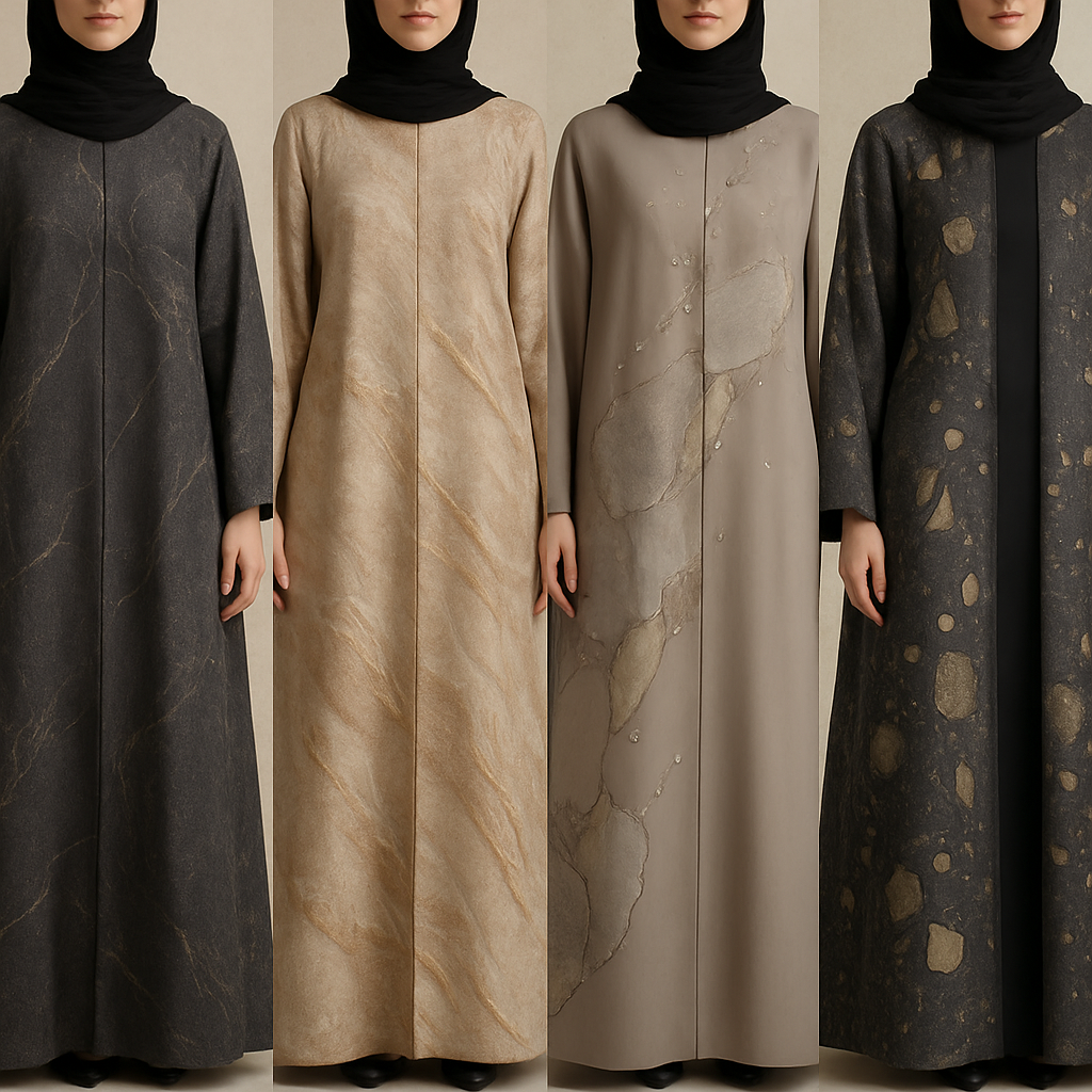 Create a modest abaya, first of its kind, featuring a unique stone design that exudes a classy and sophisticated vibe. I'd like four designs, each showcasing different styles and fabrics. Incorporate high-end, unique chic stone designs to make them truly special. Add little sophisticated stone designs. Make it irresistible for customers
Create a modest abaya, first of its kind, featuring a unique stone design that exudes a classy and sophisticated vibe. I'd like four designs, each showcasing different styles and fabrics. Incorporate high-end, unique chic stone designs to make them truly special. Add little sophisticated stone designs. Make it irresistible for customers