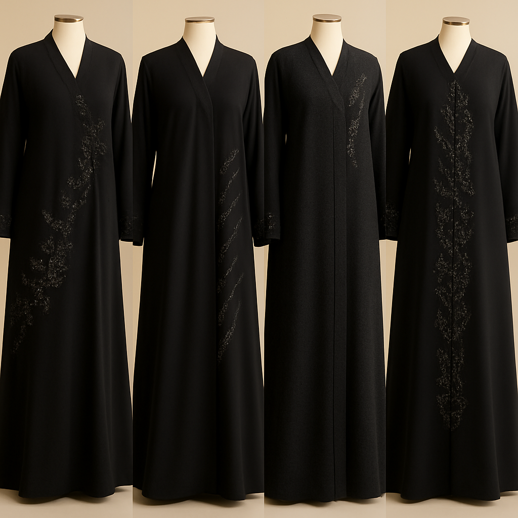 Create me modest abaya that's first in the world, using unique stone design, classy and sophisticated. Keep me 4 designs. Make them rich by adding minimal stone embroidery and stones designs. Showcasing different styles and fabric.
Create me modest abaya that's first in the world, using unique stone design, classy and sophisticated. Keep me 4 designs. Make them rich by adding minimal stone embroidery and stones designs. Showcasing different styles and fabric.
