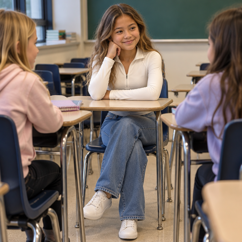 Mixed skin ten years old sitting across from other girls
edit the attached fashion design with these instructions: Mixed skin ten years old sitting across from other girls. keep it photorealistic, just the design no text