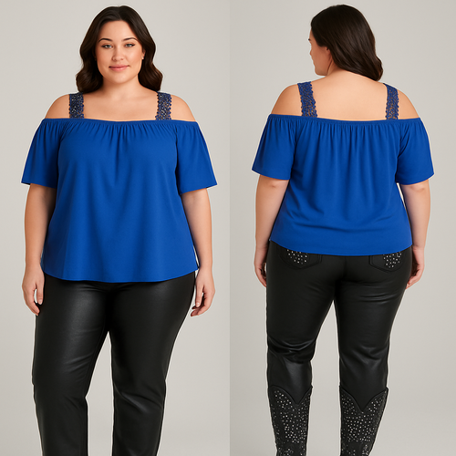 off shoulder blouse royal blue. with lace straps. for plus size women. pair it with some leather black pants that are straight leg. with some rhinestones on the back pockets. then add cowboy boots that are black with silver diamond rhinestones 