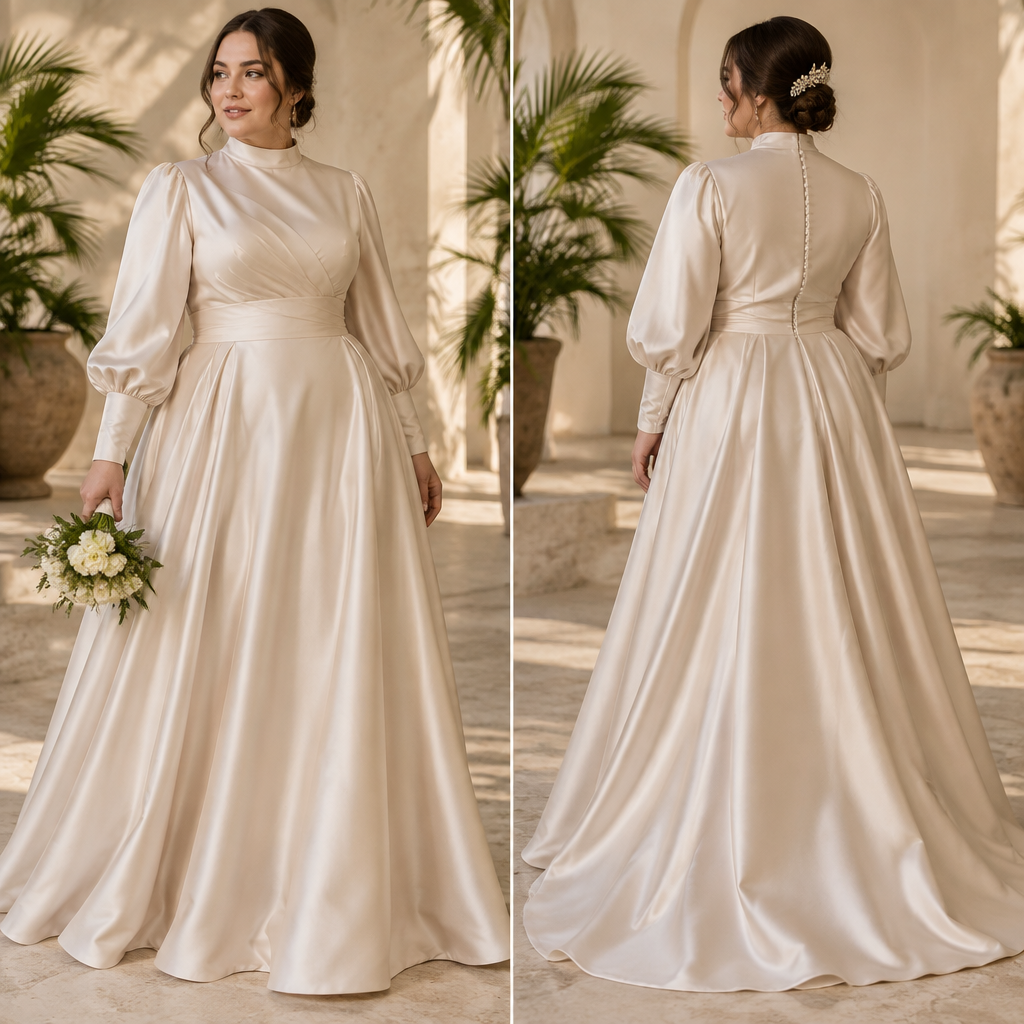 A Dress design, made of Satin, with a rich, textured surface, with a Flared silhouette, with modest, full coverage: longer hemlines, higher necklines and covered shoulders, in a Neutrals color palette, for Wedding, suitable for Summer, suited to a Tropical climate, shown on a model with light skin and a curvy figure. IQ fashion aesthetics. Current season is Autumn in IQ. Present it as professional fashion catalogue photography: the garment is the subject, shown full-length with editorial styling, neutral posing and tasteful, non-suggestive framing.
photorealistic fashion design, A Dress design, made of Satin, with a rich, textured surface, with a Flared silhouette, with modest, full coverage: longer hemlines, higher necklines and covered shoulders, in a Neutrals color palette, for Wedding, suitable for Summer, suited to a Tropical climate, shown on a model with light skin and a curvy figure. IQ fashion aesthetics. Current season is Autumn in IQ. Present it as professional fashion catalogue photography: the garment is the subject, shown full-length with editorial styling, neutral posing and tasteful, non-suggestive framing., just the design no text, show front and back