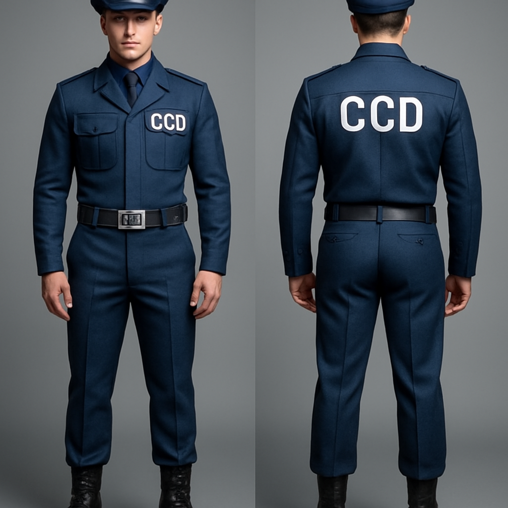 Uniform of a newly created wing of police that deals with serious and organised crime and investigations. Instead of police it should have the words CCD. It consists of trouser and coat. The headgear is a smart p cap. The colour scheme is bluish. The boots are leather. The belt should not be too thin and its buckle can be steel plate with CCD written on it.
Uniform of a newly created wing of police that deals with serious and organised crime and investigations. Instead of police it should have the words CCD. It consists of trouser and coat. The headgear is a smart p cap. The colour scheme is bluish. The boots are leather. The belt should not be too thin and its buckle can be steel plate with CCD written on it. , glamorous style, show front and back