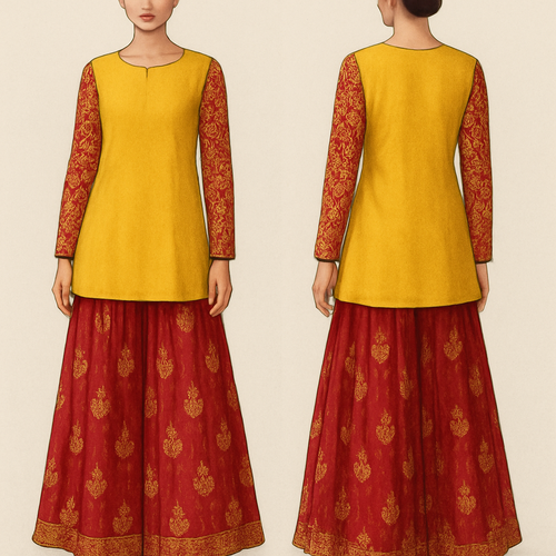 Yellow kurta short till hips with entire patch red and golden design on sleeve , sleeves full length. Below that a loose sharada