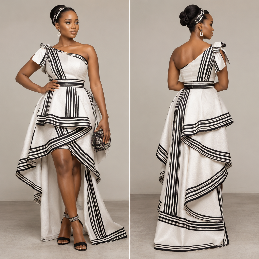 Create a morden xhosa dress using the new popular asymmetrical skirt design from Nigeria
photorealistic fashion design, Create a morden xhosa dress using the new popular asymmetrical skirt design from Nigeria , just the design no text