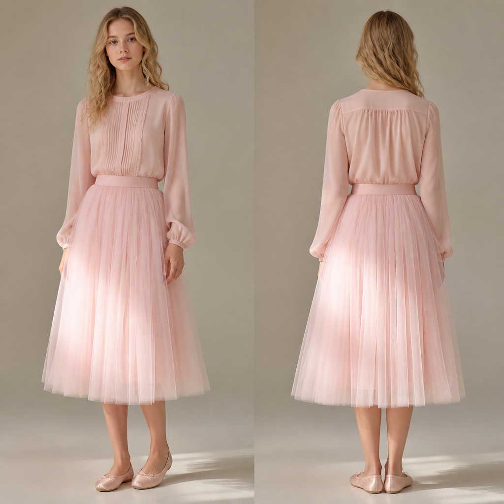 A European 16 year old teenage girl with blonde wavy hair has a ballet pink tulle skirt and a ballet pink blouse and ballet pink normal ballerina shoes and the outfit is School appropriate
photorealistic fashion design, A European 16 year old teenage girl with blonde wavy hair has a ballet pink tulle skirt and a ballet pink blouse and ballet pink normal ballerina shoes and the outfit is School appropriate , balletcore style, just the design no text, show front and back