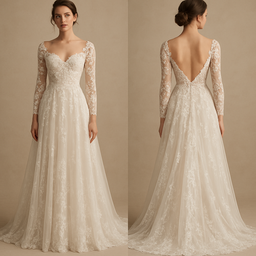 Flow, flowery, lace wedding dress