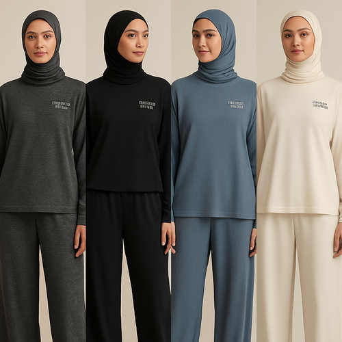 Create a revolutionary women’s modest loose gym wear brand called “Modest Fleur”. Display the brand name on the garments in a unique design on the upper right side, in small thick writing that exudes a classy and sophisticated vibe. I’d like four designs, each showcasing different styles and fabrics, with high-end, unique chic designs to make them truly special.