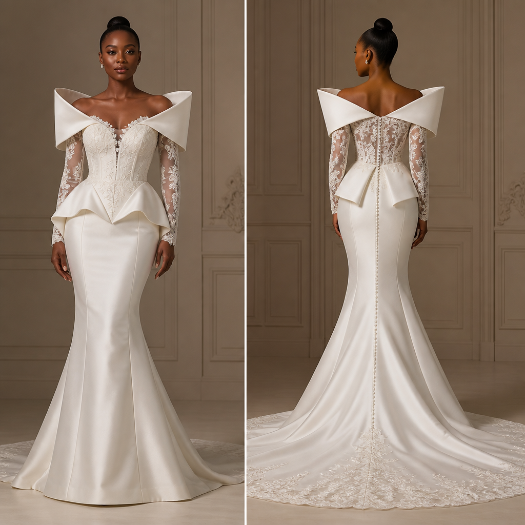 A Female Dress design. Create an image of a bridal gown.This gown is an elegant ivory mermaid wedding dress that combines modern couture with timeless sophistication. Crafted from luxurious satin with delicate illusion lace, it features a sculpted corset-style bodice, a deep sweetheart neckline softened by floral lace, and fitted long lace sleeves. The defining element is its dramatic oversized off-the-shoulder collar, designed with structured, origami-inspired folds that create a regal, architectural look. A sharply tailored peplum waist enhances the hourglass silhouette, while the sleek fitted skirt gently flares into a graceful chapel-length train. The minimalist satin finish, paired with intricate lace details and bold sculptural design, gives the gown a refined, high-fashion aesthetic perfect for a luxurious and formal bridal look.. Kenya fashion aesthetics. Design with modest coverage.
photorealistic fashion design, A Female Dress design. Create an image of a bridal gown.This gown is an elegant ivory mermaid wedding dress that combines modern couture with timeless sophistication. Crafted from luxurious satin with delicate illusion lace, it features a sculpted corset-style bodice, a deep sweetheart neckline softened by floral lace, and fitted long lace sleeves. The defining element is its dramatic oversized off-the-shoulder collar, designed with structured, origami-inspired folds that create a regal, architectural look. A sharply tailored peplum waist enhances the hourglass silhouette, while the sleek fitted skirt gently flares into a graceful chapel-length train. The minimalist satin finish, paired with intricate lace details and bold sculptural design, gives the gown a refined, high-fashion aesthetic perfect for a luxurious and formal bridal look.. Kenya fashion aesthetics. Design with modest coverage., just the design no text, show front and back