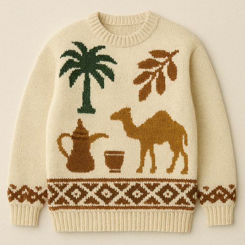 I want a sweater With a Saudi touches 
Like Palm tree and Date and a saudi coffee and camel like this with this style “cozy winter sweater”
And stop to use any word at the sweater 