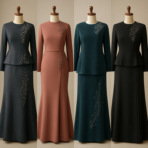 Create me modest two piece that's first in the world, using unique stone design, classy and sophisticated. Keep me 4 designs. Make them rich by adding minimal stone embroidery and stones designs. Showcasing different styles and fabric.