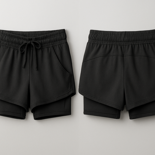 Create me shorts that fit girls with active shorts underneath and draw strings and pockets. Make it black. Show the undershorts and make them active wear fabric the undershorts shorter 



