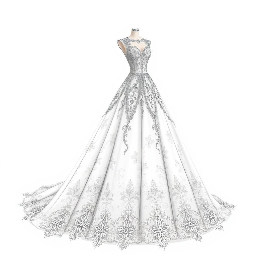Wedding dress sketch, lace, full of rhinestones
Create a stunning formal wedding dress sketch featuring intricate lace details cascading down the bodice. Envelop the gown in sparkling rhinestones that catch the light beautifully, enhancing the elegance of the design. Incorporate a dramatic train and an opulent, structured silhouette that embodies romance and sophistication for the perfect bridal look.