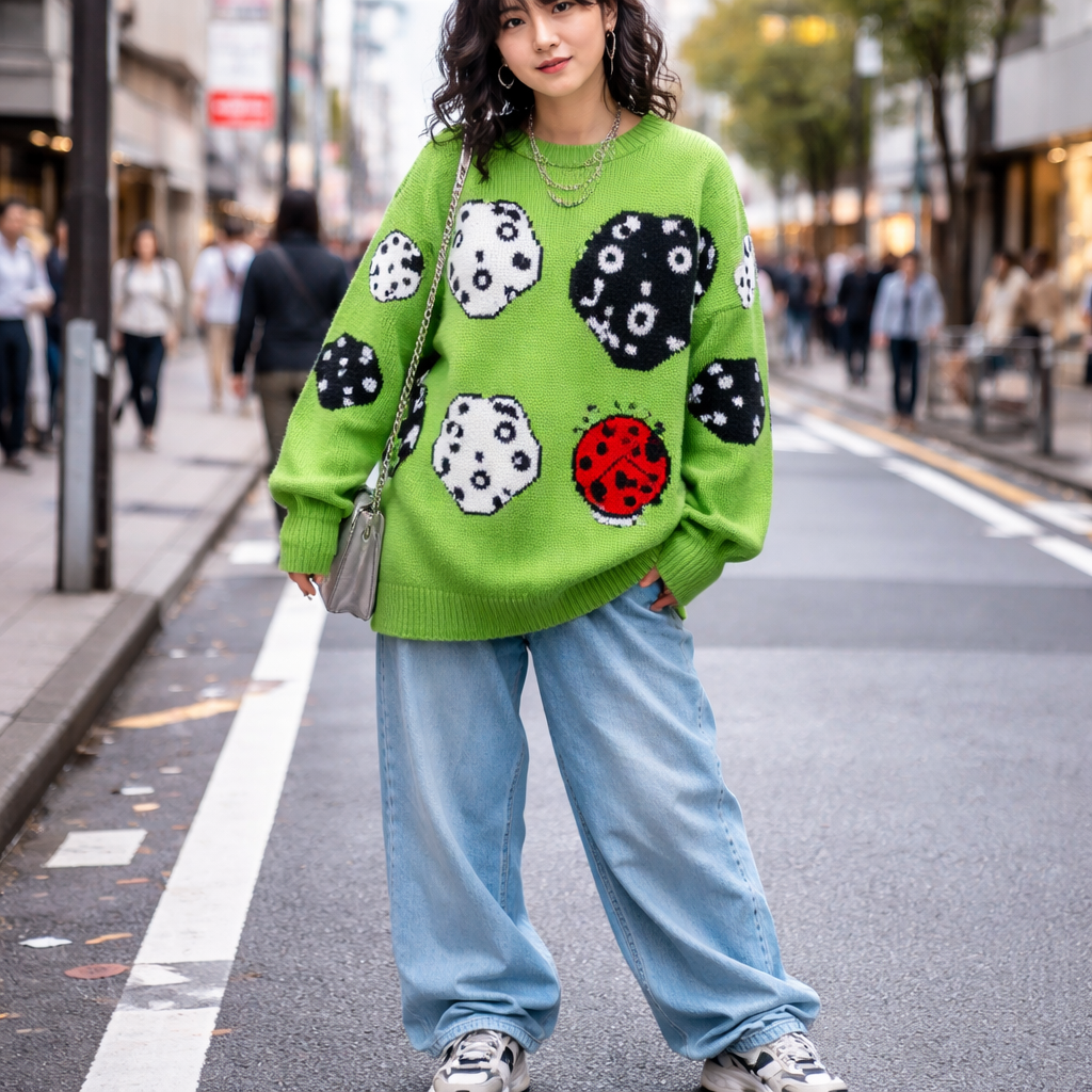 a bright green chunky sweater with big black and white dice all over, draw a cute red ladybug as one of the faces of one of the die. only one.
Japanese Street fashion design: **Bright green oversized knit sweater, dropshoulder, with black and white dice pattern across it. One die features a cute red ladybug face. Paired with wide-leg light wash jeans and chunky sneakers.**