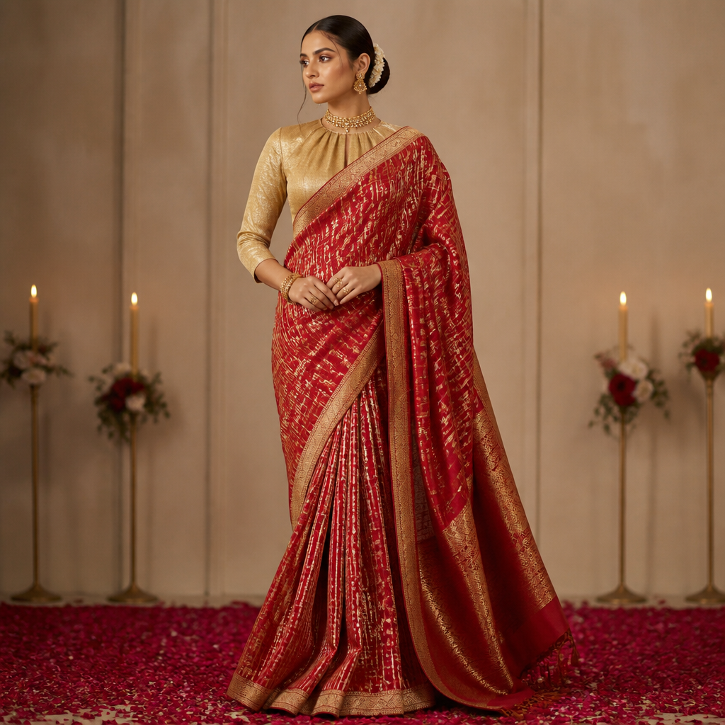 photorealistic fashion design, photorealistic fashion design, A Female Dress design, for Wedding. Mehendi green shimmer net fabric drape prestitched saree with heavy flare and red gharchola pallu and golden tissue blouse stylish. Design with modest coverage., just the design no text. Refinement: Green colour should be light mehendi green , just the design no text. Refinement: The entire drape also should be of red gharchola
photorealistic fashion design, photorealistic fashion design, photorealistic fashion design, A Female Dress design, for Wedding. Mehendi green shimmer net fabric drape prestitched saree with heavy flare and red gharchola pallu and golden tissue blouse stylish. Design with modest coverage., just the design no text. Refinement: Green colour should be light mehendi green , just the design no text. Refinement: The entire drape also should be of red gharchola, just the design no text