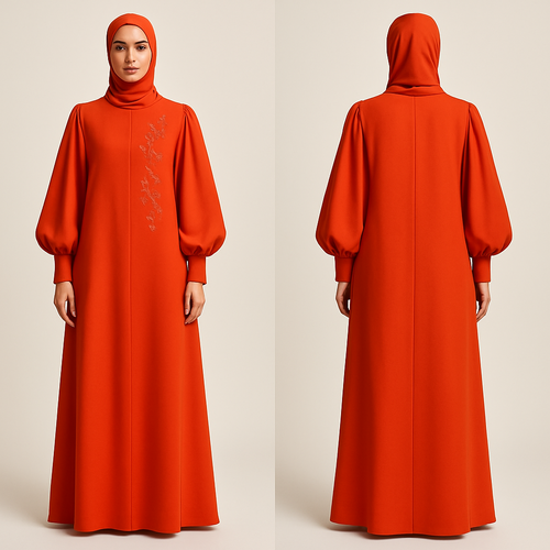 modern, abaya dress in a bold color. Features statement sleeves and minimalist, stone work and chic, embroidery. Stylish, modest, and perfect for everyday wear. And that is not out there yet. Making the designs high end that will stand out for my clothing brand “The Modest Fleur”