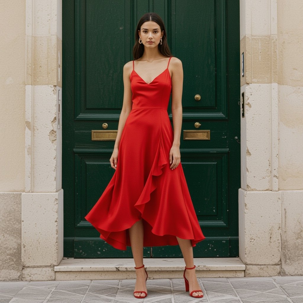 Generate a red italian inspired dress that can be worn for a party
Red Italian-inspired silk dress, A-line silhouette, with delicate spaghetti straps and a flowing midi skirt, perfect for a party.