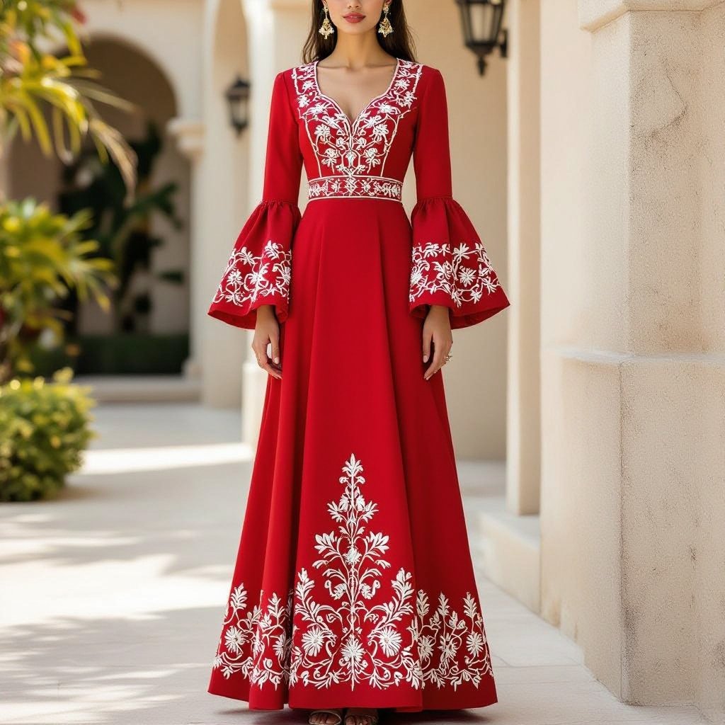 Make a modern filipiniana red pageant gown inspired by sarimanok
Country fashion: Modern red Filipiniana gown, sarimanok-inspired. Cotton, floor-length. Embroidered details, bell sleeves.