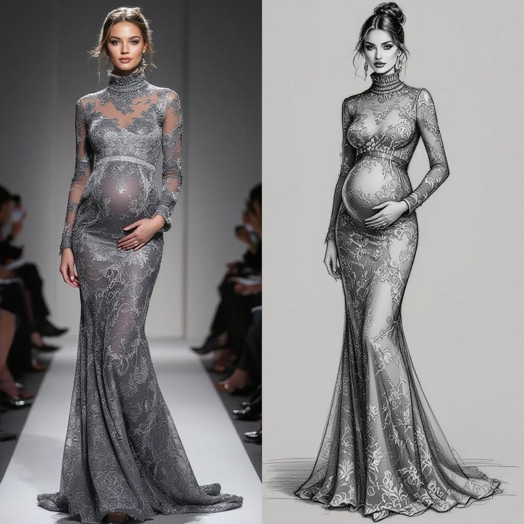 A full picture from head to toe of pencil sketch of a pregnant woman in a beaded turtle neck lace maternity dress
Head-to-toe pencil sketch of a pregnant woman in a beaded, turtleneck, lace maternity dress. The dress is floor-length with long sleeves.