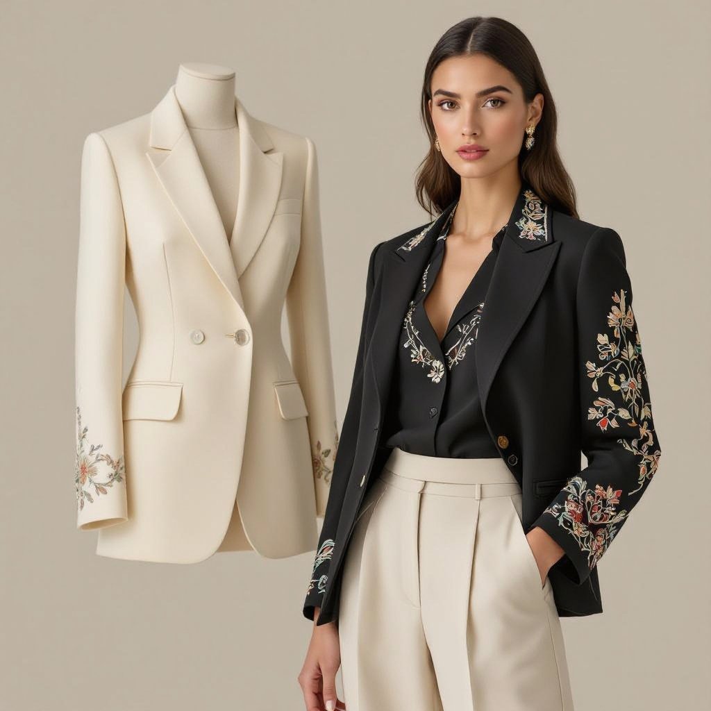 2. Ensemble Tailleur Beldi • Silhouette: A sophisticated suit (\text{tailleur}) combination. The trousers are high-waisted (\text{taille haute}) and slightly wide-legged (\text{واسع شوية}). The jacket is fitted (\text{cintrée}) and tailored. • Fabric & Color: A soft, textured crêpe fabric in a neutral beige or ecru color. • Beldi Touch: Delicate Fassi embroidery (\text{broderie fassi/khiyate}) details are applied to the sleeves (\text{الكمام}) and the chest/lapel area (\text{الصدر ديال veste}) of the jacket, adding an artisanal, traditional contrast to the sharp tailoring.
1. Ensemble Tailleur Beldi: high-waisted, wide-leg crêpe trousers in beige or ecru paired with a fitted, tailored crêpe jacket. The jacket features delicate Fassi embroidery on the sleeves and lapel. This suit offers a sophisticated, artisanal look.