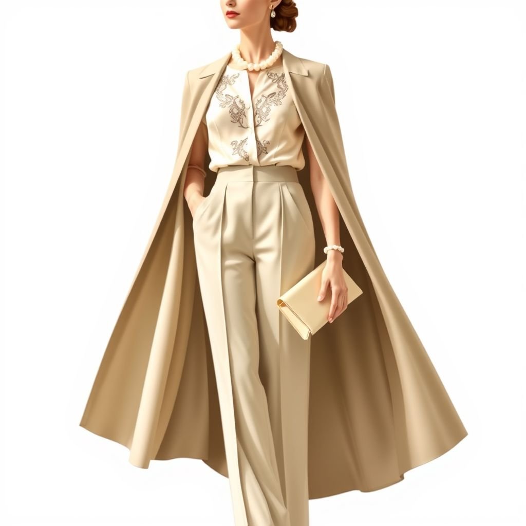 top and bottom style Ralph Lauren
Design an elegant couture ensemble inspired by Ralph Lauren, showcasing a tailored silk blouse with delicate lace accents and high-waisted, wide-leg trousers in a soft pastel hue. Incorporate a flowing, floor-length cape that drapes gracefully. Accessorize with understated pearl jewelry and a chic clutch, embodying timeless sophistication and refined glamour.