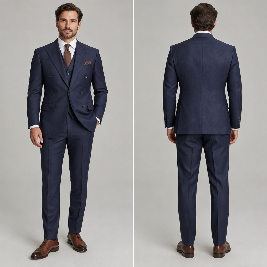 Man’s three piece suit in a midnight blue. Double breasted jacket and brown leather brogues
photorealistic fashion design, Man’s three piece suit in a midnight blue. Double breasted jacket and brown leather brogues, classic style, just the design no text, show front and back