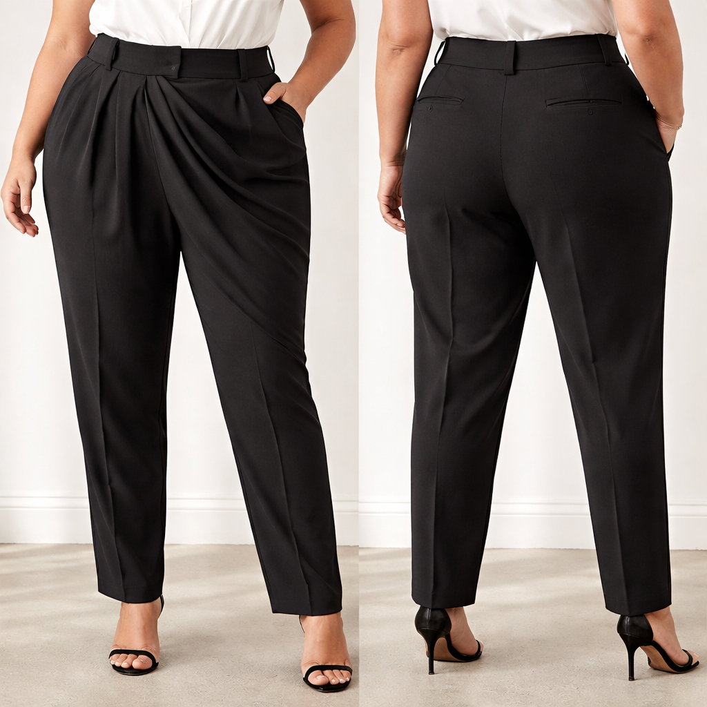 A black crepe high waist pant with front drape,inseam pocket, a contoured waist line with belt loop for a size 16
A black crepe high waist pant with front drape,inseam pocket, a contoured waist line with belt loop for a size 16
, elegant style, show front and back