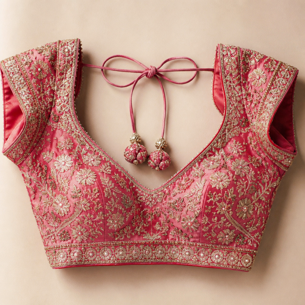 Pink blouse, ethnic design for wedding. India fashion aesthetics.
photorealistic fashion design, Pink blouse, ethnic design for wedding. India fashion aesthetics., just the design no text