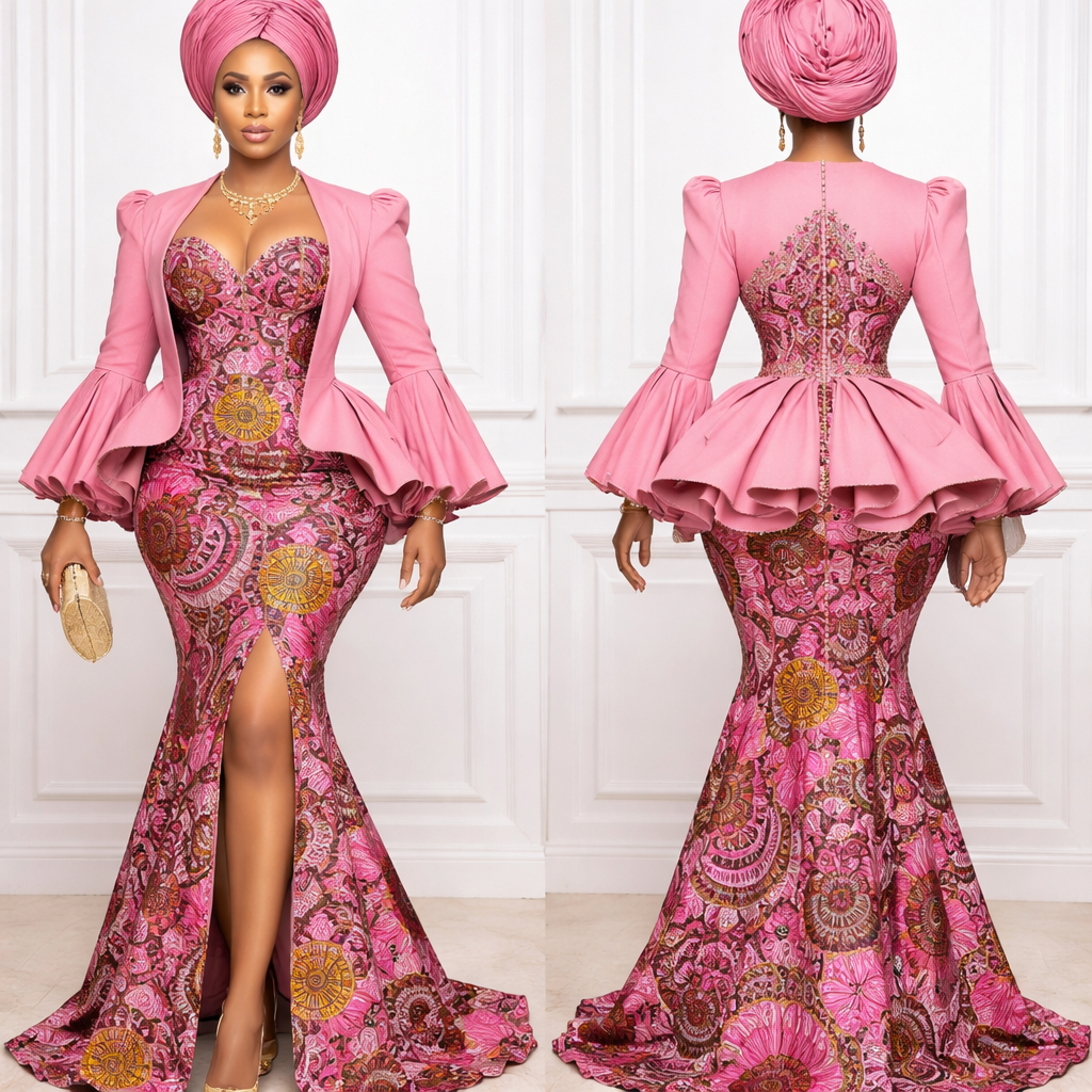 Make a pink Ankara design with a jacket ontop, Nigerian style
Make a pink Ankara design with a jacket ontop, Nigerian style, traditional style, show front and back
