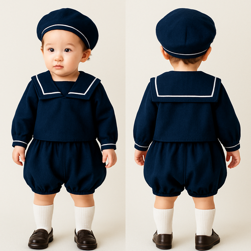 1歳の女の子、男の子着用
ユニセックス
紺に白線のセーラー服のセットアップ
長袖
ズボンはかぼちゃ型の半ズボン(丸く)
生地は涼しめ、上下同じ生地
セットアップと同じ生地で、紺に一本の白線のベレー帽
白いハイソックス
ローファー

