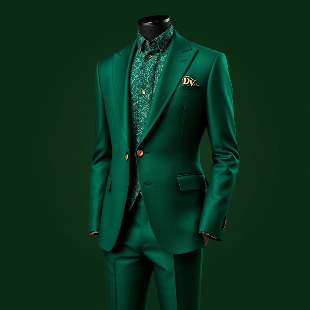 African style youthful men’s suit. One color. Put “DV” somewhere on it
Design an elegant African style youthful men’s suit in a rich, deep emerald green. Tailored with sleek lines, the single-breasted jacket features subtle, intricate patterns inspired by traditional textiles. The trousers are tapered for a modern silhouette. Incorporate the initials "DV" in gold thread on the lapel for a refined touch.