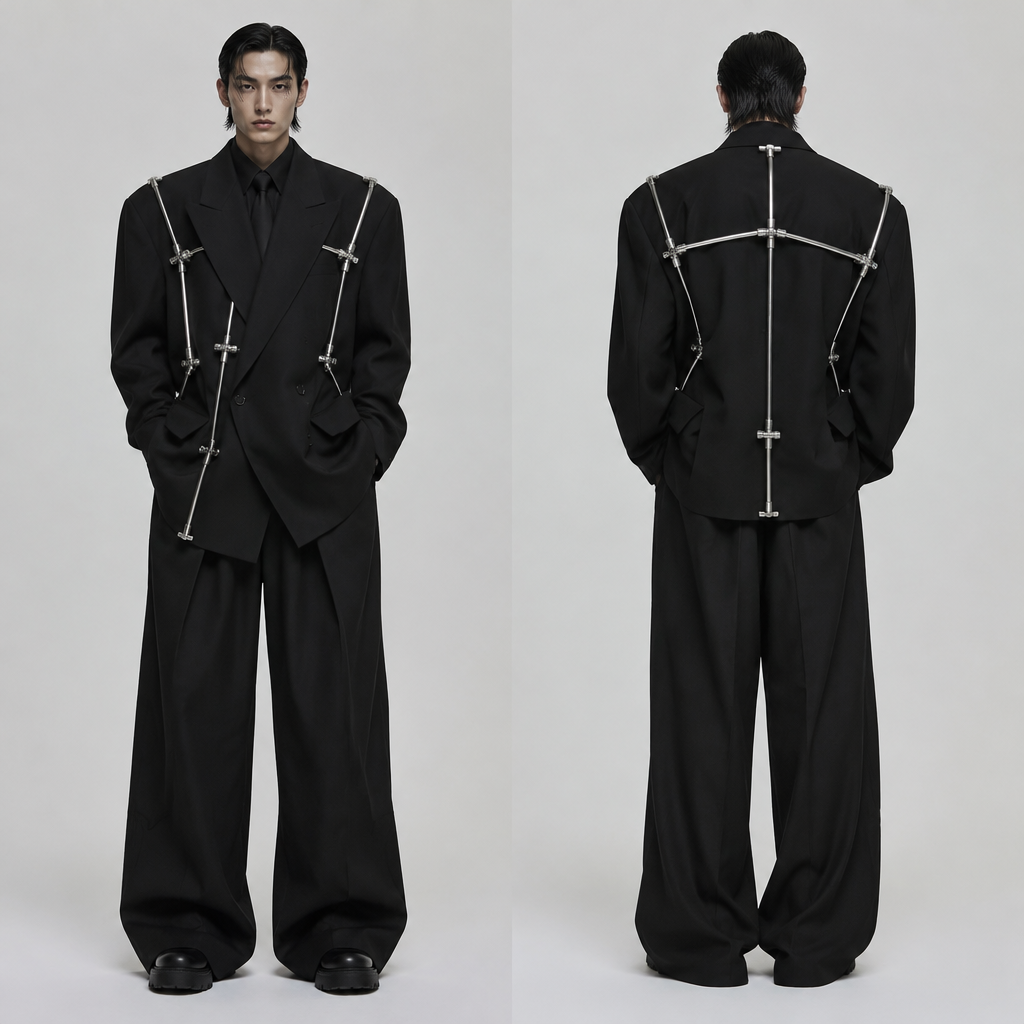 Black Avantgarde Oversized Suits inspired by scaffolding and 80s Japanese suits, scaffolding rod in silver
photorealistic fashion design, Black Avantgarde Oversized Suits inspired by scaffolding and 80s Japanese suits, scaffolding rod in silver , business style, just the design no text, show front and back