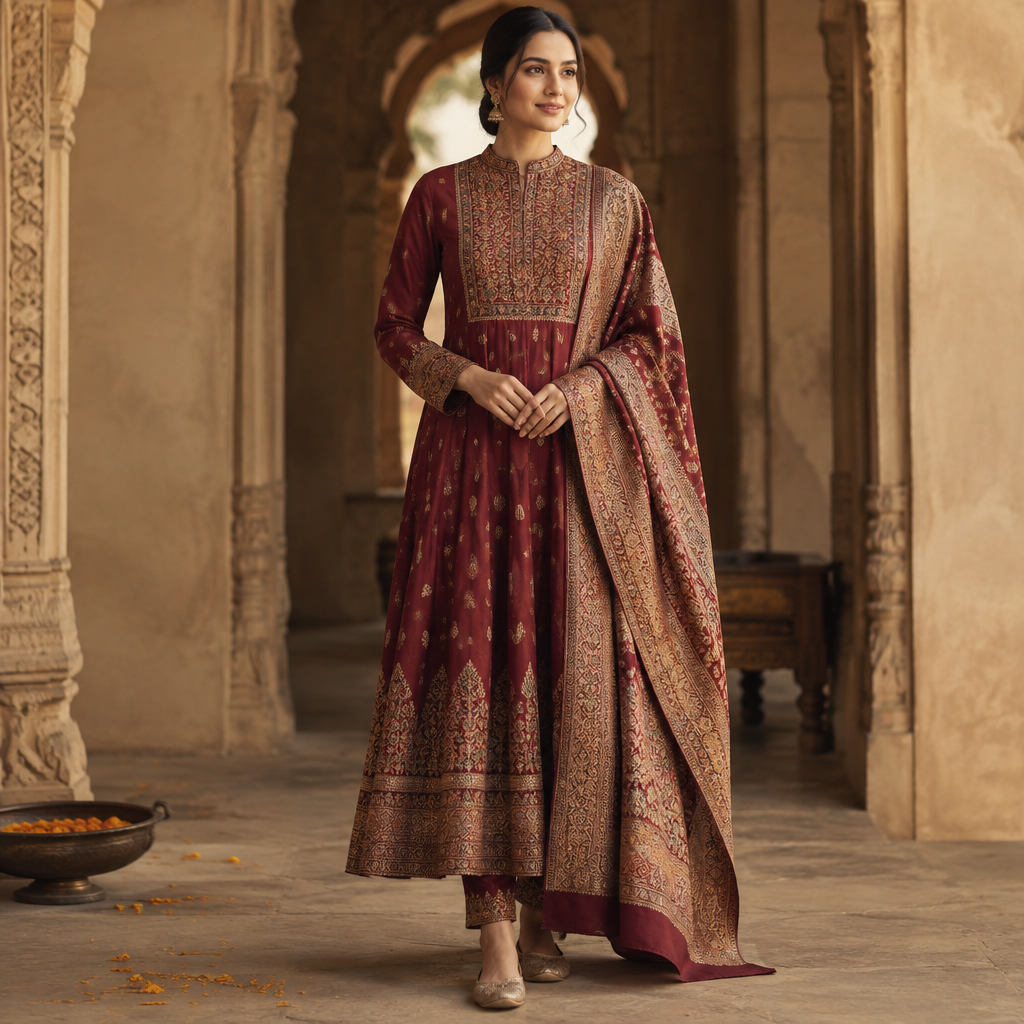 A Female Dress design, with modest, full coverage: longer hemlines, higher necklines and covered shoulders, suitable for Fall. Consider Indian fashion aesthetics — consider saree, lehenga, salwar kameez, kurti, anarkali; local fabrics like chanderi, banarasi, chikankari, block prints; vibrant colors and rich embroidery. Current season is Autumn in India. Present it as professional fashion catalogue photography: the garment is the subject, shown full-length with editorial styling, neutral posing and tasteful, non-suggestive framing.
photorealistic fashion design, A Female Dress design, with modest, full coverage: longer hemlines, higher necklines and covered shoulders, suitable for Fall. Consider Indian fashion aesthetics — consider saree, lehenga, salwar kameez, kurti, anarkali; local fabrics like chanderi, banarasi, chikankari, block prints; vibrant colors and rich embroidery. Current season is Autumn in India. Present it as professional fashion catalogue photography: the garment is the subject, shown full-length with editorial styling, neutral posing and tasteful, non-suggestive framing., just the design no text