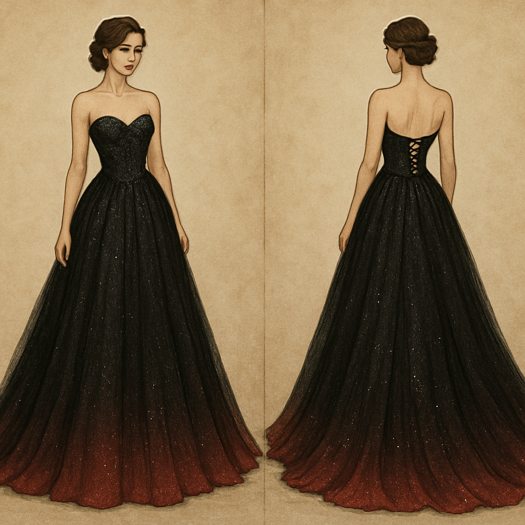 Black glittery wedding dress with long train. Made from chiffon, with corset top and back, with bottom fading into red.
Black glittery wedding dress with long train. Made from chiffon, with corset top and back, with bottom fading into red., vintage style, show front and back