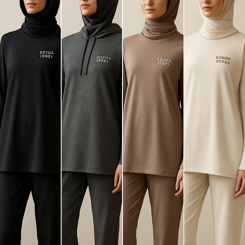 Create a revolutionary women’s modest loose gym wear brand called “Modest Fleur”. Display the brand name on the  in a unique design on the upper right side, in small thick writing that exudes a classy and sophisticated vibe. I’d like four designs, each showcasing different styles and fabrics, with high-end, chic designs to make them truly special.