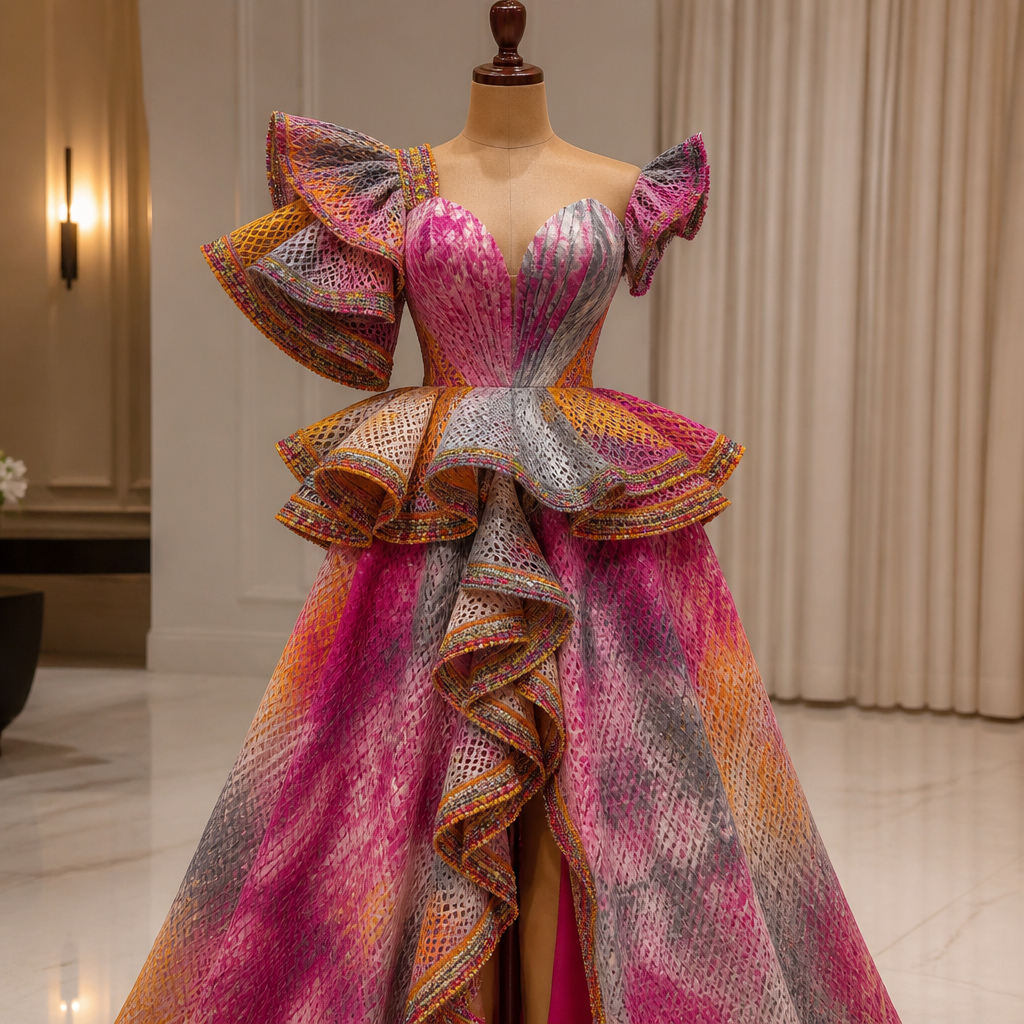 PROMPT
Create a fabulous party dress for a birthday party that look stunning classic elegant sophisticated graceful, then design it with a colorful fabrics that will have a touch of colorful tie and dye with a touch of grey net hole aso oke and a touch of beautiful colorful trims
Edit
* Save
凸
凸
photorealistic fashion design, PROMPT
Create a fabulous party dress for a birthday party that look stunning classic elegant sophisticated graceful, then design it with a colorful fabrics that will have a touch of colorful tie and dye with a touch of grey net hole aso oke and a touch of beautiful colorful trims
Edit
* Save
凸
凸, just the design no text
