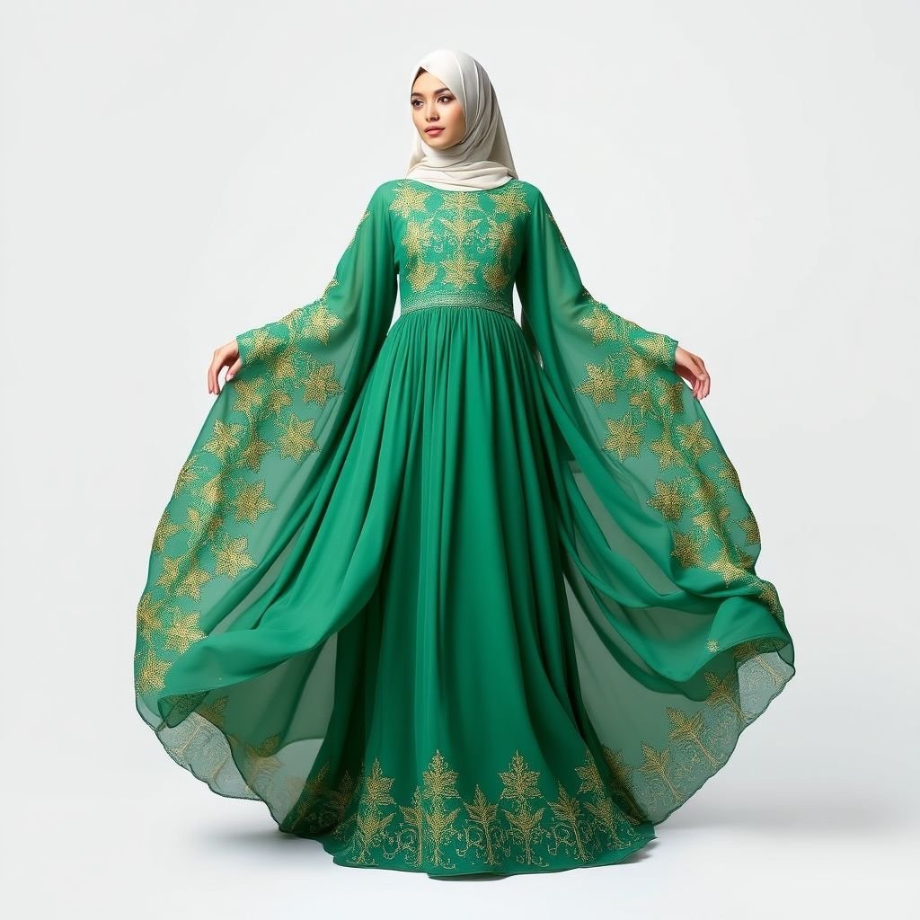 Envision an abaya of the richest emerald green, crafted from a flowing, luxurious fabric. The embroidery is a captivating display of artistry, featuring bold, eye-catching patterns. Swirling, golden threads intertwine with shimmering silver, creating a mesmerizing design that draws the eye. The embroidery is strategically placed along the sleeves and hem, adding a touch of glamour.
Imagine an ethereal emerald green abaya that dances with every movement, made from a sumptuous silk blend that drapes elegantly. Intricate geometric patterns in bold gold and silver embroidery cascade down the sleeves and hem, evoking a sense of modern sophistication. Layered with delicately embroidered chiffon underlays, this design redefines luxury, merging traditional elegance with contemporary flair, perfect for both day and night.