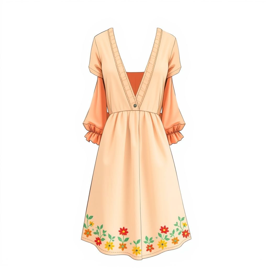 Lenin short long sleeve dress with a v neck and summer colours
Design a Lenin-inspired short, long-sleeve dress featuring a deep V-neck, crafted from lightweight linen for breathability. Infuse the piece with a vibrant summer palette of coral, aqua, and sunflower yellow. Accentuate the dress with delicate floral embroidery along the hem and sleeves, perfect for casual seaside strolls or garden parties.
