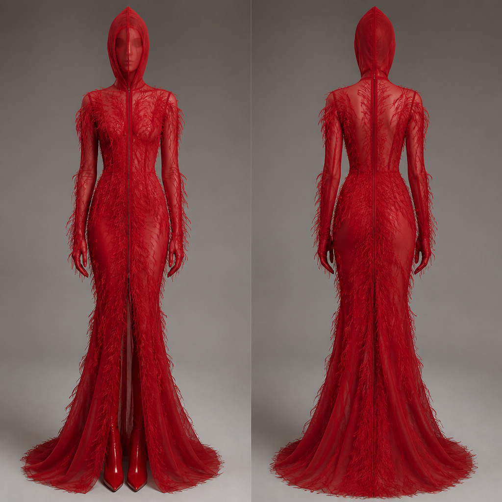 Red Long gown hood attached fitted just showing face sheer and ostrich feathers fitted arm down to glove zipper up front hidden flair at the bottom .red silk fitted boots no model the just outfit
photorealistic fashion design, Red Long gown hood attached fitted just showing face sheer and ostrich feathers fitted arm down to glove zipper up front hidden flair at the bottom .red silk fitted boots no model the just outfit, elegant style, just the design no text, show front and back