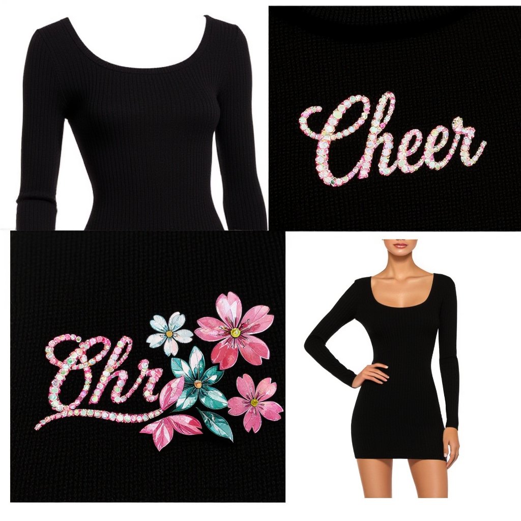 Cheer
Cheer, black stretch-knit minidress with a scoop neck and long sleeves, creating a sleek silhouette.