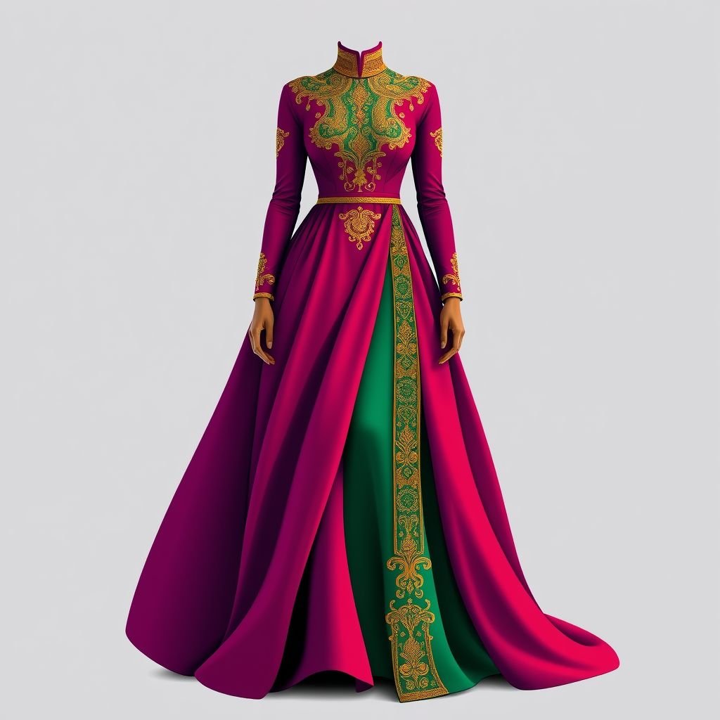 Habesha derss
Design an elegant Habesha dress with a modern twist, featuring intricate gold embroidery and structured, draping silhouettes. The dress should flow gracefully to the floor, made of luxurious silk in rich jewel tones. Incorporate a high neckline and long, fitted sleeves for a sophisticated, formal look that celebrates cultural heritage.