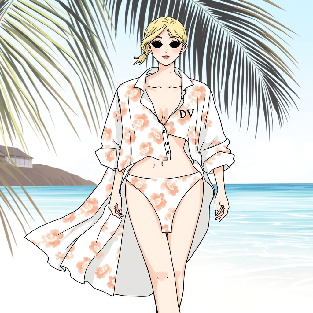 Women's All Over whole shirt and Swimsuit Set, Casual Fashion Chic Swim One-Pieces & Swim long Skirt Two-Piece Swimsuit For Beach Holiday Vacation, Ladies Swimwear For All Seasons. Put “DV” on it somewhere
Design a laid-back, chic women's swimsuit set featuring an all-over patterned shirt paired with a stylish two-piece swimsuit. Emphasize comfort with a flowing, long skirt that complements the one-piece design. Add playful accents, like "DV" embroidered subtly on the shirt, making it perfect for beach holidays and all-season wear.