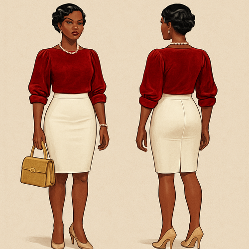 Black woman 
Finger waves
Red velvet blouse sleeves rolled up 
Tight white skirt 
Beige heels
 Gold handbag 
Pearl necklace and bracelet 
Gold earrings 
