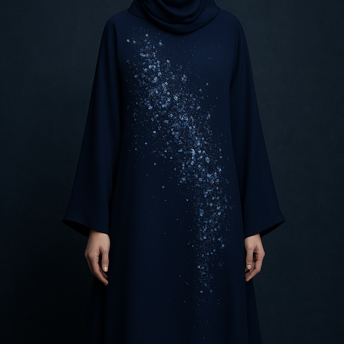 The Sapphire Mist Abaya
Tone: Deep sapphire navy
Design:
A mist-like arrangement of tiny florals blending into stone clusters across the torso.
Embellishment:
Sapphire stones mixed with silver crystals.
Vibe: Elegant, serene, like a luxury night sky.