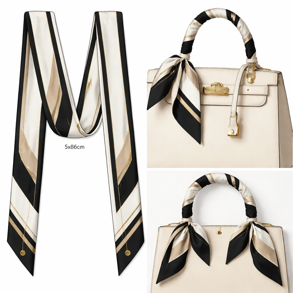 Design a scarf that is 5x86cm to be wrapped around the handle of a handbag for a lifestyle piece. Keep clean and simple. Something Audrey Hepburn would wear more geometric
Design a scarf that is 5x86cm to be wrapped around the handle of a handbag for a lifestyle piece. Keep clean and simple. Something Audrey Hepburn would wear more geometric, classic style, show front and back