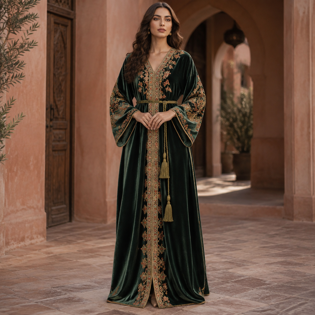 A Female Dress design, suitable for Fall. Consider Moroccan fashion — caftan, djellaba, intricate embroidery, jewel-toned fabrics. Current season is Autumn in Morocco. Present it as professional fashion catalogue photography: the garment is the subject, shown full-length with editorial styling, neutral posing and tasteful, non-suggestive framing.
photorealistic fashion design, A Female Dress design, suitable for Fall. Consider Moroccan fashion — caftan, djellaba, intricate embroidery, jewel-toned fabrics. Current season is Autumn in Morocco. Present it as professional fashion catalogue photography: the garment is the subject, shown full-length with editorial styling, neutral posing and tasteful, non-suggestive framing., just the design no text