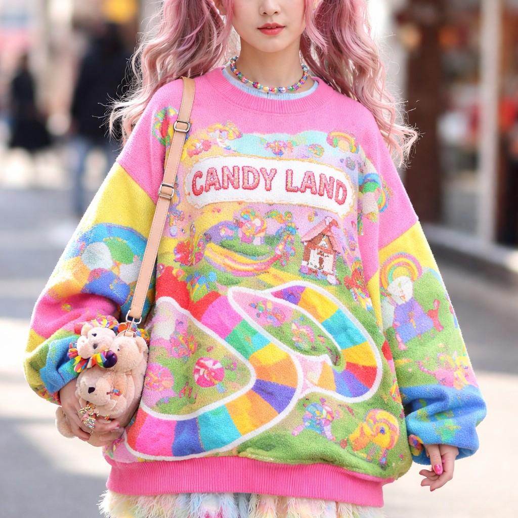 cute chunky neon candy land board game sweater
Japanese Street fashion design: Oversized cotton sweater, bright neon pink, yellow, blue, and green, candy land board game pattern. Loose fit, playful and layered Japanese street style.