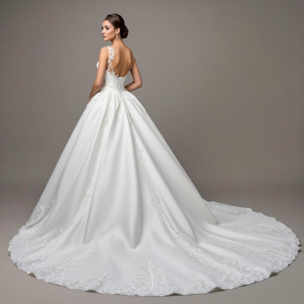 Huge white Wedding dress
Glamorous fashion: Huge white wedding dress, floor-length, sweeping train, sparkling embellishments, sleek silhouette.