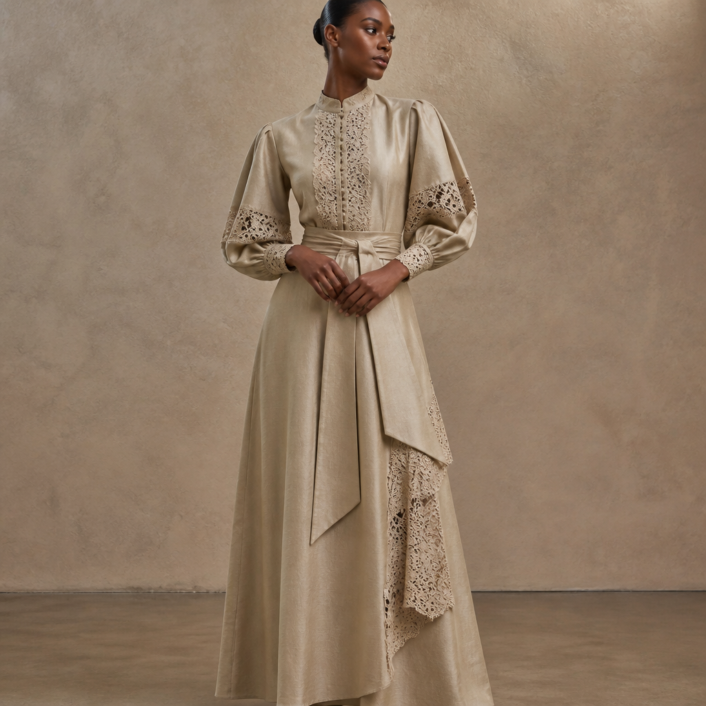 A Female Dress design, made of Linen, suitable for Fall, in Formal + Lace + Luxury style. South Africa fashion aesthetics.
photorealistic fashion design, A Female Dress design, made of Linen, suitable for Fall, in Formal + Lace + Luxury style. South Africa fashion aesthetics., formal style, just the design no text