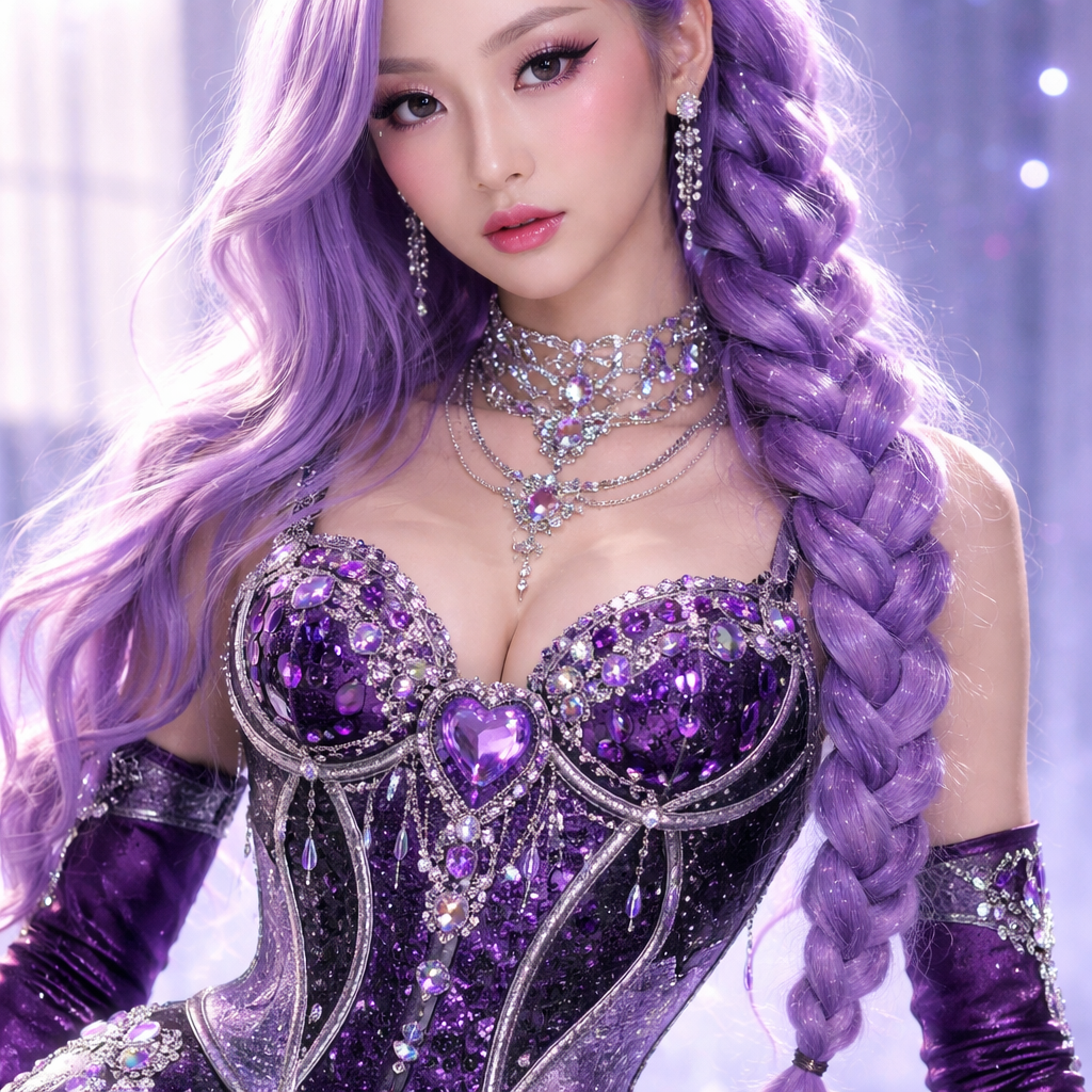 K-pop corset with purple gems and long purple hair in a braided
K-pop corset with purple gems and long purple hair in a braided