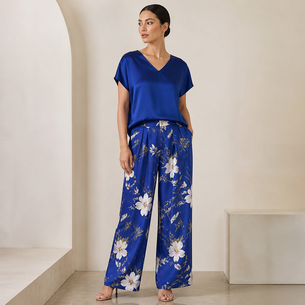 Pls design a floral royal blue miyaki trouser and silky free v neck shape plain royal blue top with short sleeves for women
I want to create my own design for my ready to wear brand
photorealistic fashion design, Pls design a floral royal blue miyaki trouser and silky free v neck shape plain royal blue top with short sleeves for women
I want to create my own design for my ready to wear brand, just the design no text